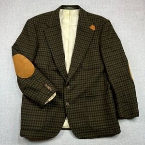Vintage Izod Wool Sport Coat Blazer Men 43L Plaid Elbow Patch USA 80s Ivy Union